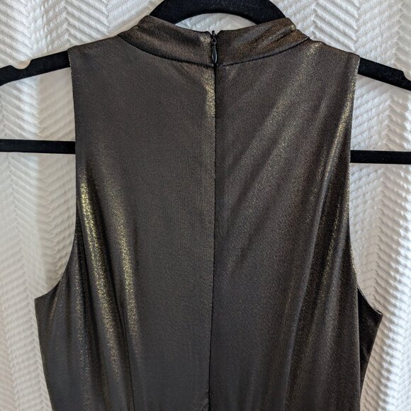 Donna Morgan Stretch Foil Pleated Halter Dress Liquid Gold Metallic Size 0 XS - Picture 9 of 15